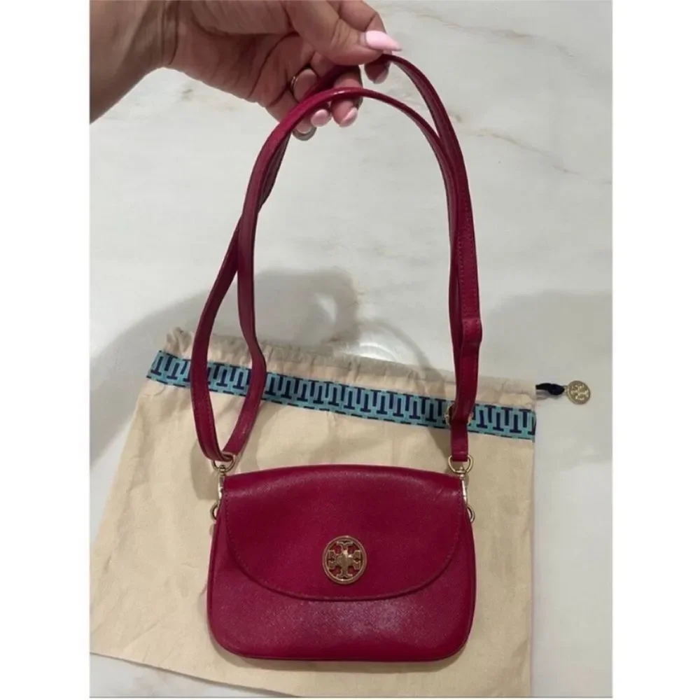 Tory Burch Robinson Mini Saffiano Leather Crossbody Wallet Bag Raspberry Pink